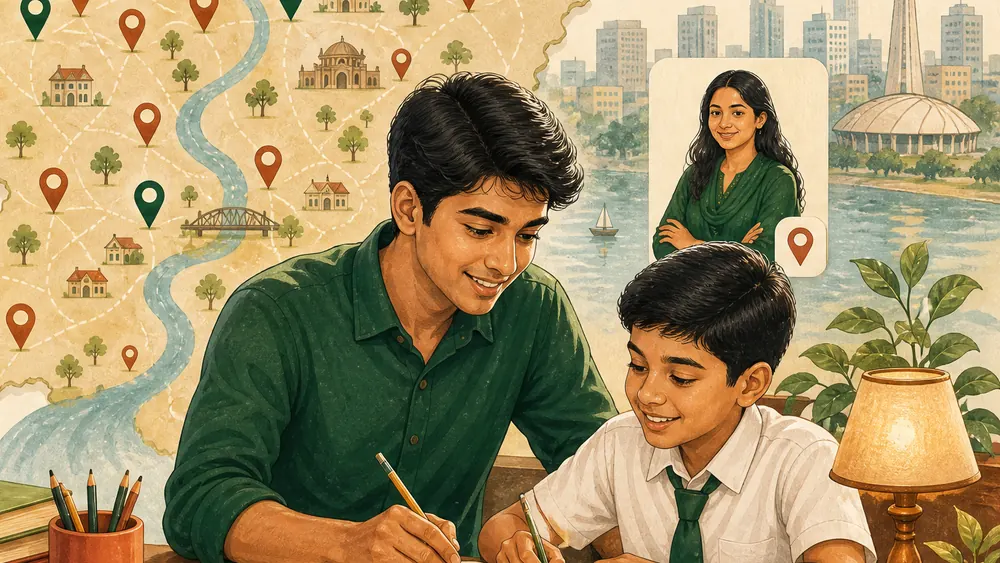 একজন শিক্ষক ও একজন স্কুলশিক্ষার্থী একসাথে পড়ছেন, পেছনে ঢাকার মানচিত্র ও পরিচিত স্থাপনা।