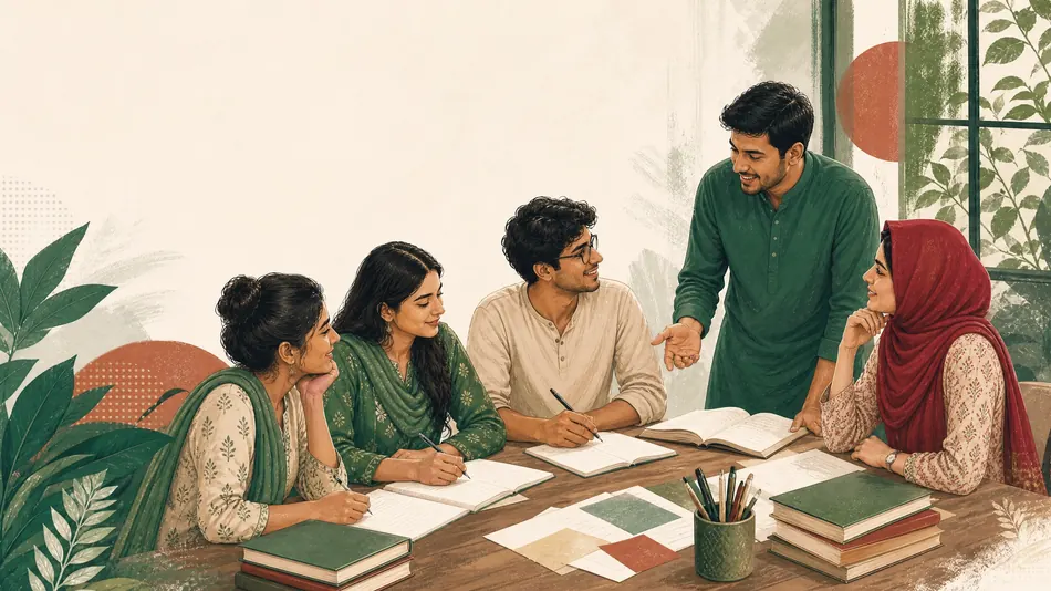 Five university students around a table with open books, one standing and explaining.