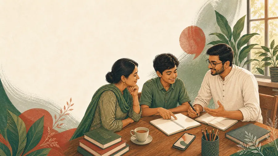 টেবিলের দুই পাশে বসে একজন মা, তাঁর ছেলে ও একজন শিক্ষক কথা বলছেন, সামনে খাতা ও চা।