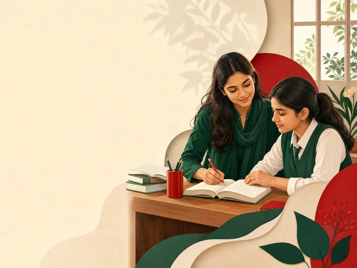 জানালার পাশে টেবিলে বসে একজন শিক্ষক ও একজন শিক্ষার্থী একসাথে খাতায় অনুশীলন করছেন।