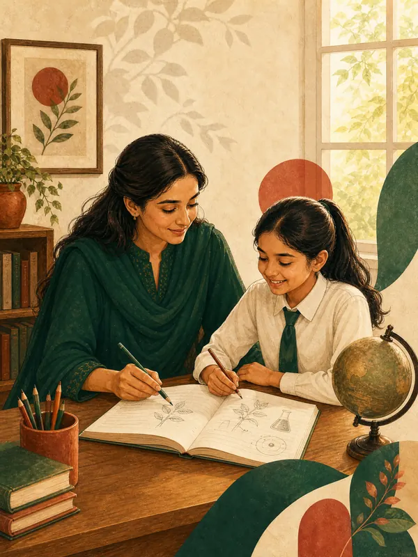 একজন শিক্ষক ও একজন স্কুলছাত্রী একসাথে খাতায় একটি চিত্র আঁকছেন।
