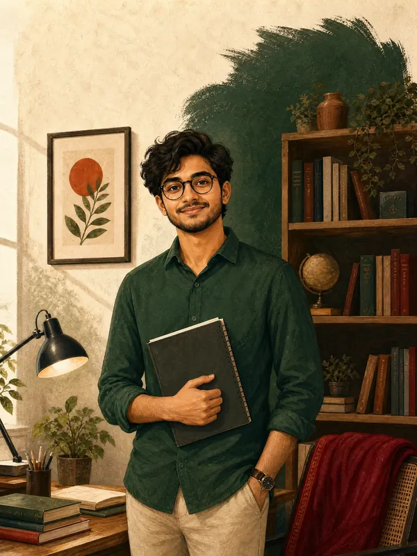 পড়ার ঘরে দাঁড়িয়ে আছেন একজন তরুণ শিক্ষক, হাতে খাতা, পেছনে বইয়ের তাক।
